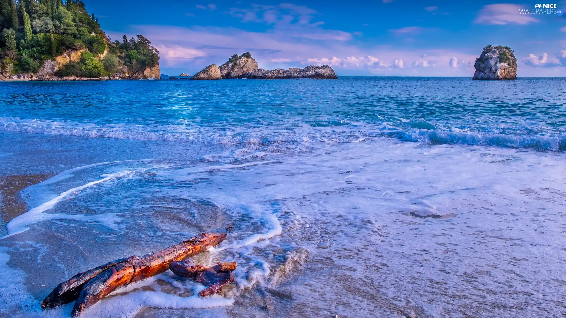 rocks, sea, log, Greece, Islands, coast