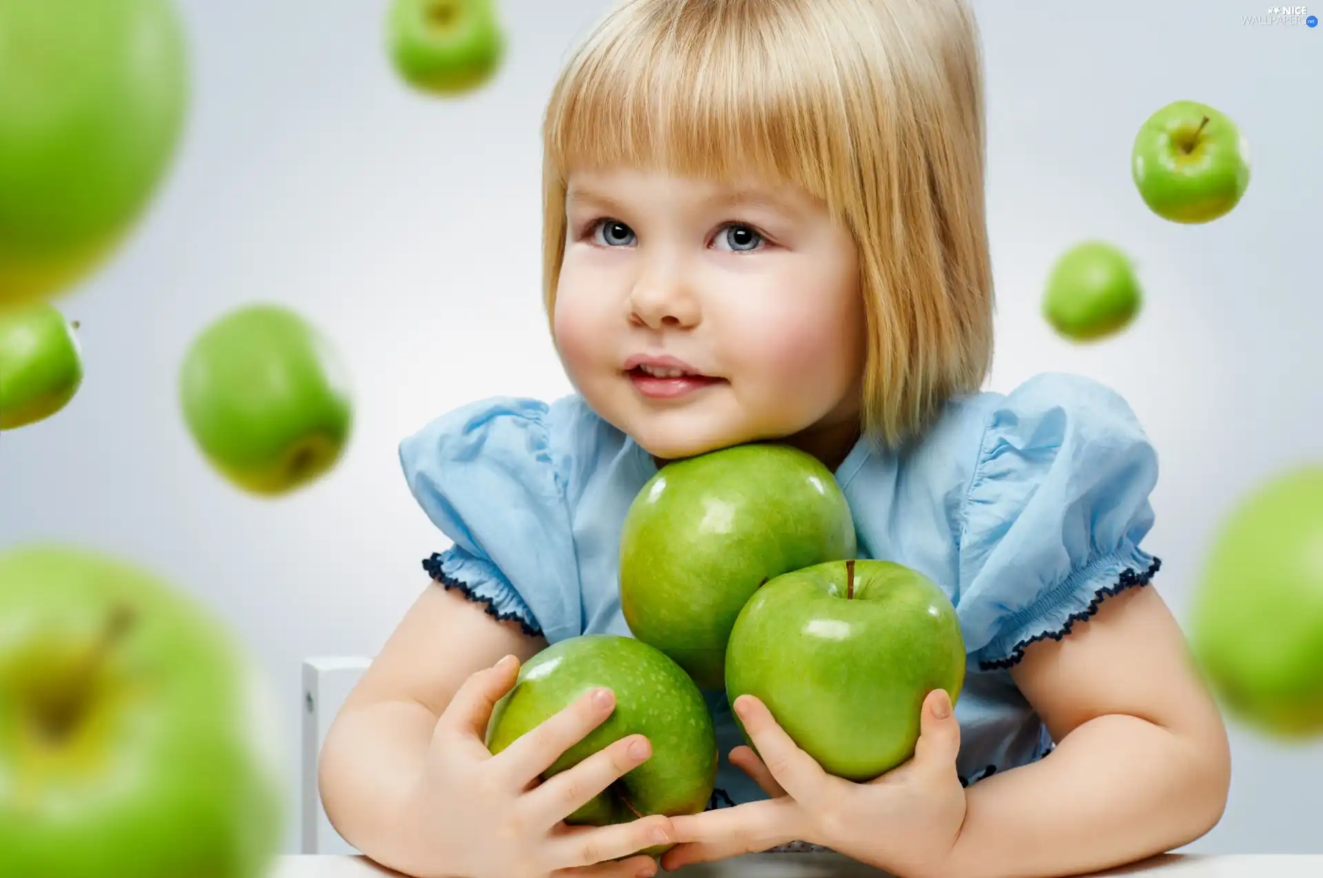 apples, girl, green ones