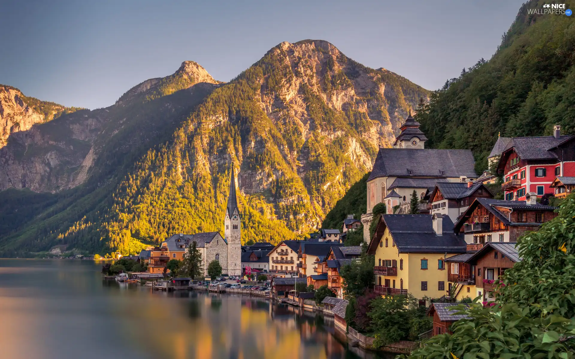 Mountains, Great Sunsets, Hallstattersee Lake, Houses, Hallstatt, Austria, viewes, Town, trees