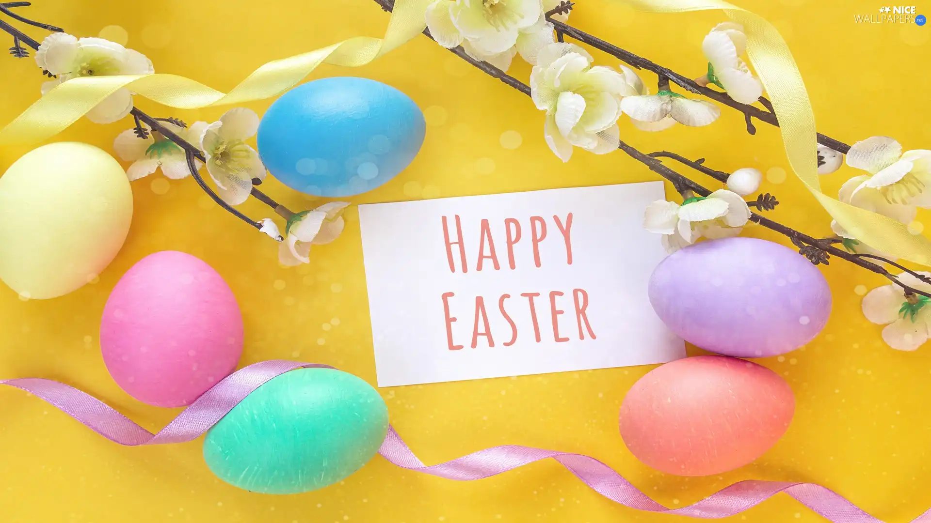 Twigs, Easter, text, Happy Easter, Ribbons, eggs