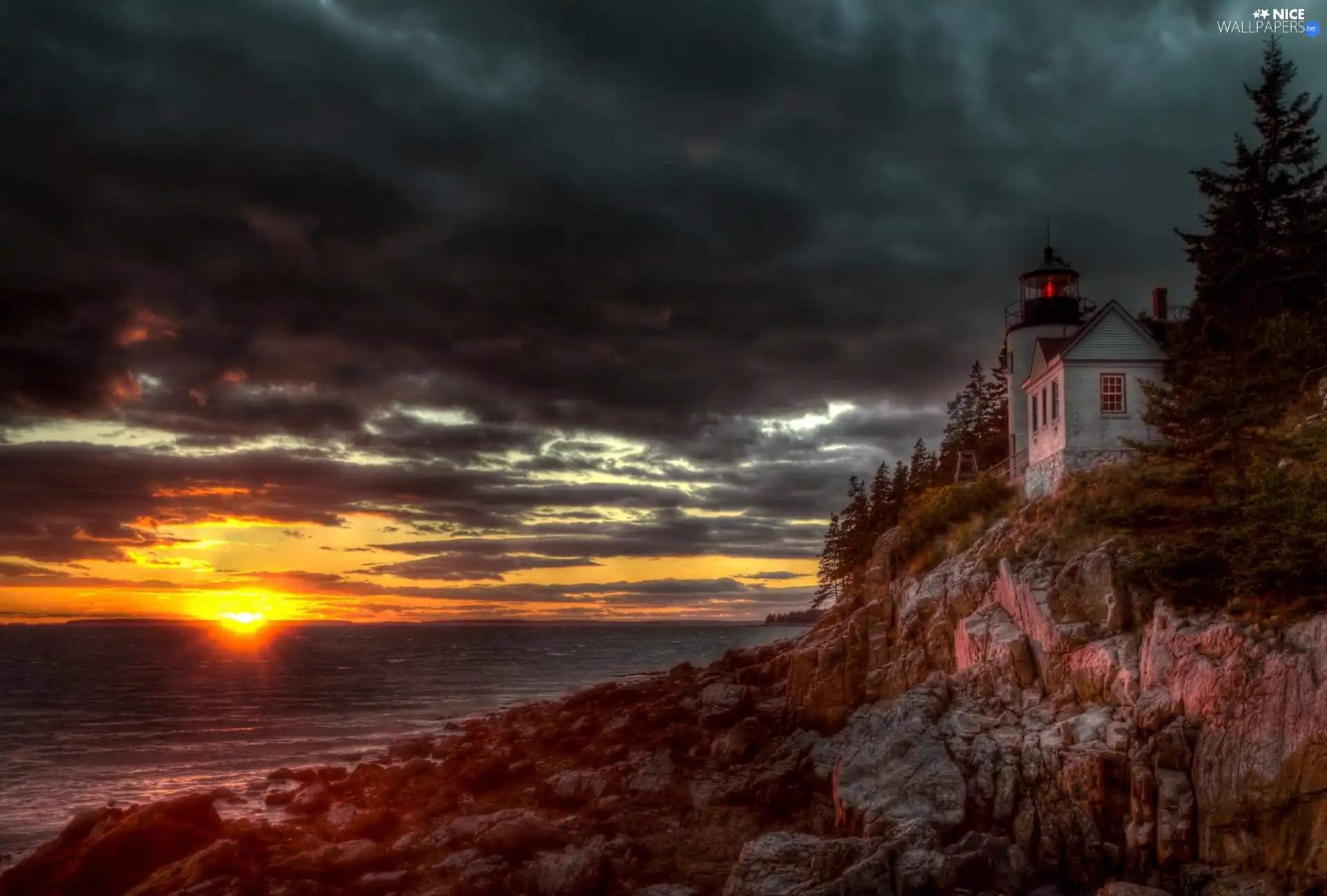 clouds, Lighthouses, bass harbor, Maine, Great Sunsets, sea