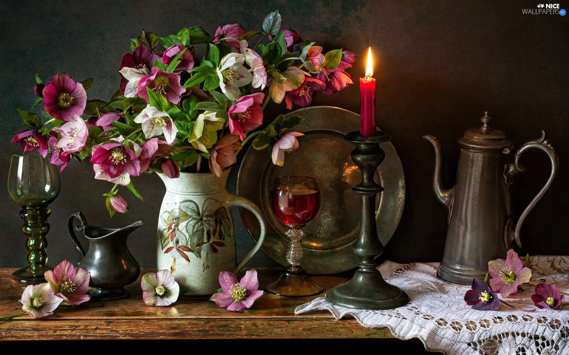 jug, Flowers, glass, Helleborus, composition, candle, napkin