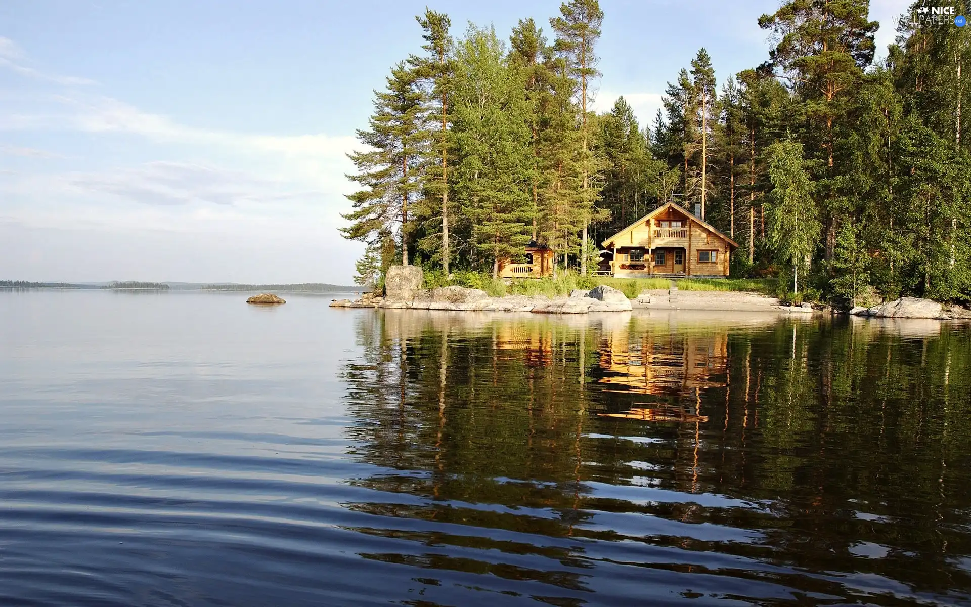 house, lake, forest