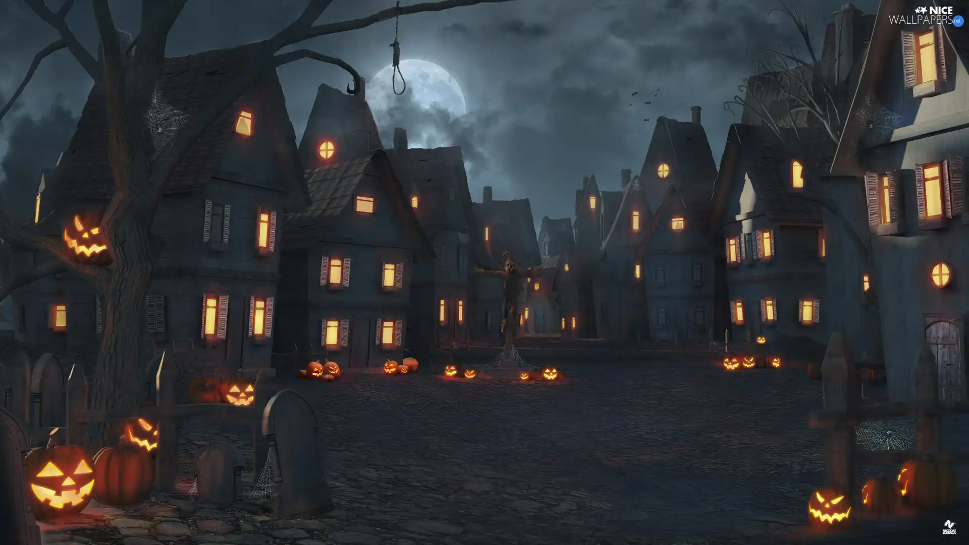 Houses, halloween, light, Street, trees, graphics, moon, pumpkin, Night