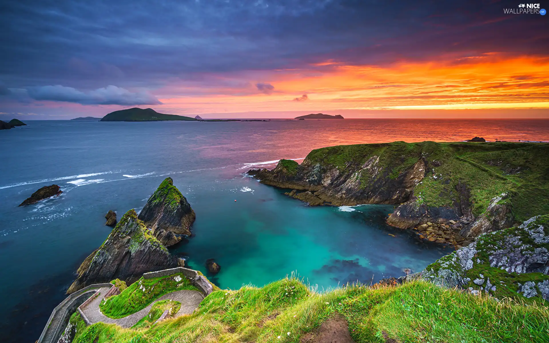 rocks, Coast, Gulf, sea, County Kerry, Ireland, clouds, Great Sunsets, grass
