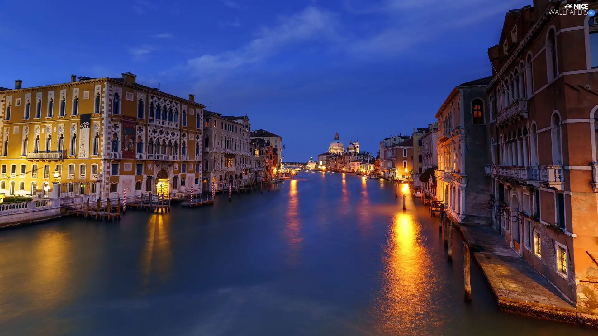 illuminated, Canal Grande, Venice, Night, canal, Houses, Italy