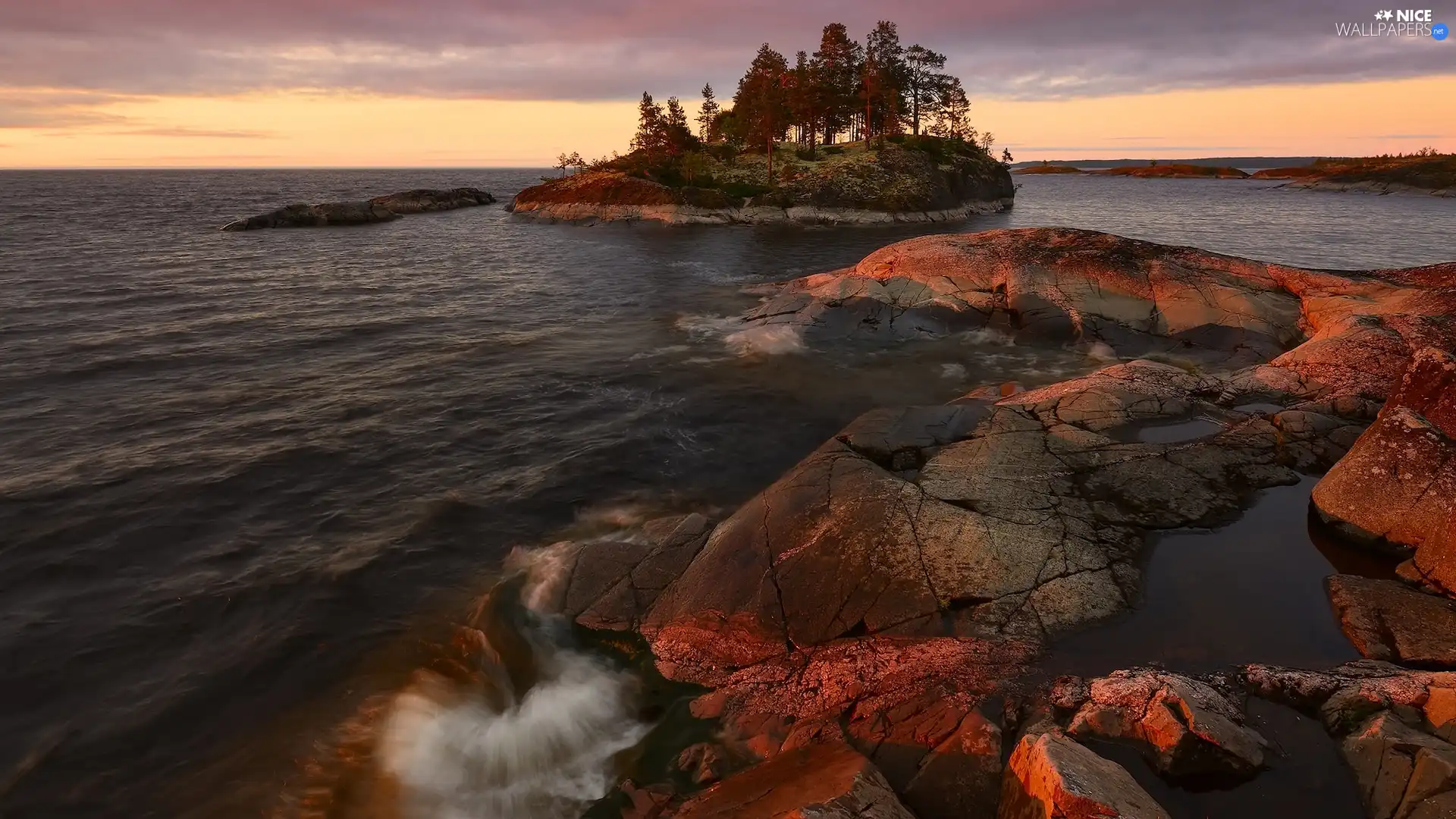 Karelia, Russia, lake, Ladoga, trees, viewes, Islet, rocks, autumn