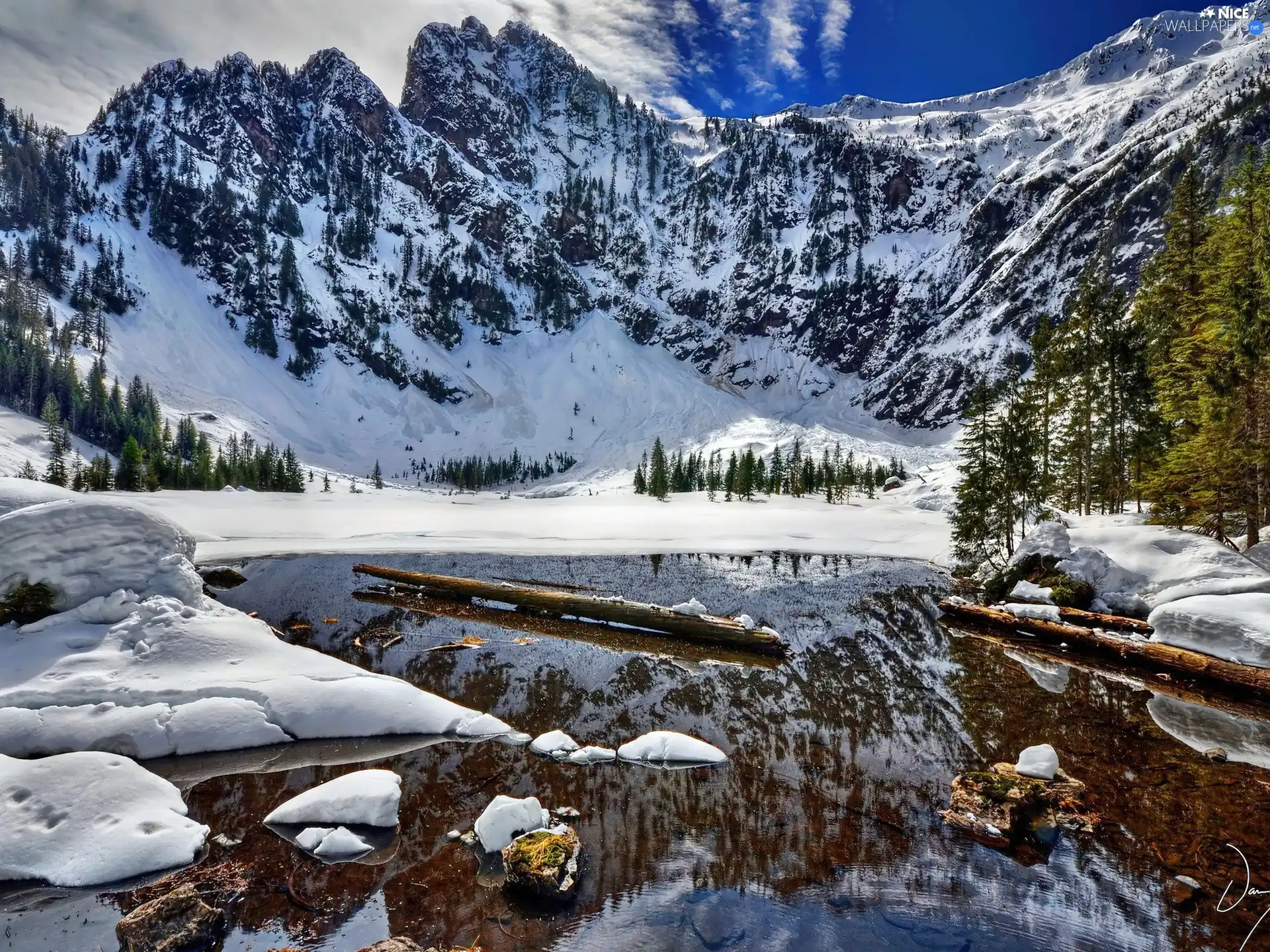 lake, Mountains, frozen