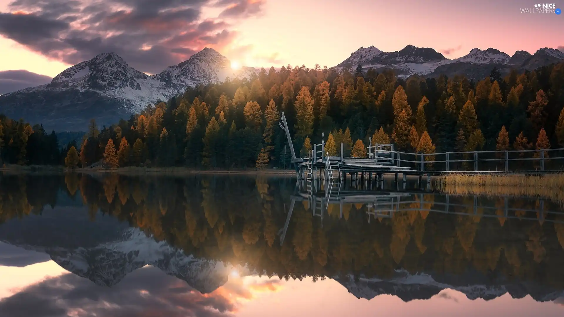 lake, Mountains, Platform, trees, clouds, Switzerland, forest, Great Sunsets, viewes
