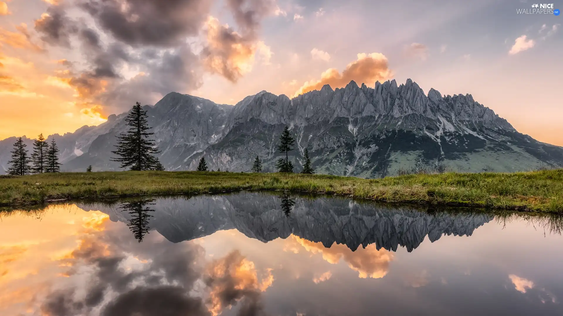 viewes, Mountains, reflection, lake, clouds, trees