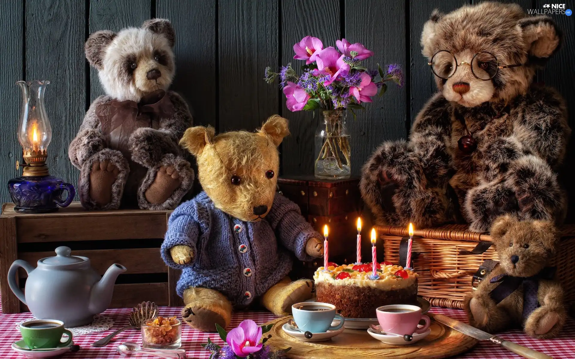 plush, composition, bear, Cake, cups, kettle, Lamp, Bouquet of Flowers, candles