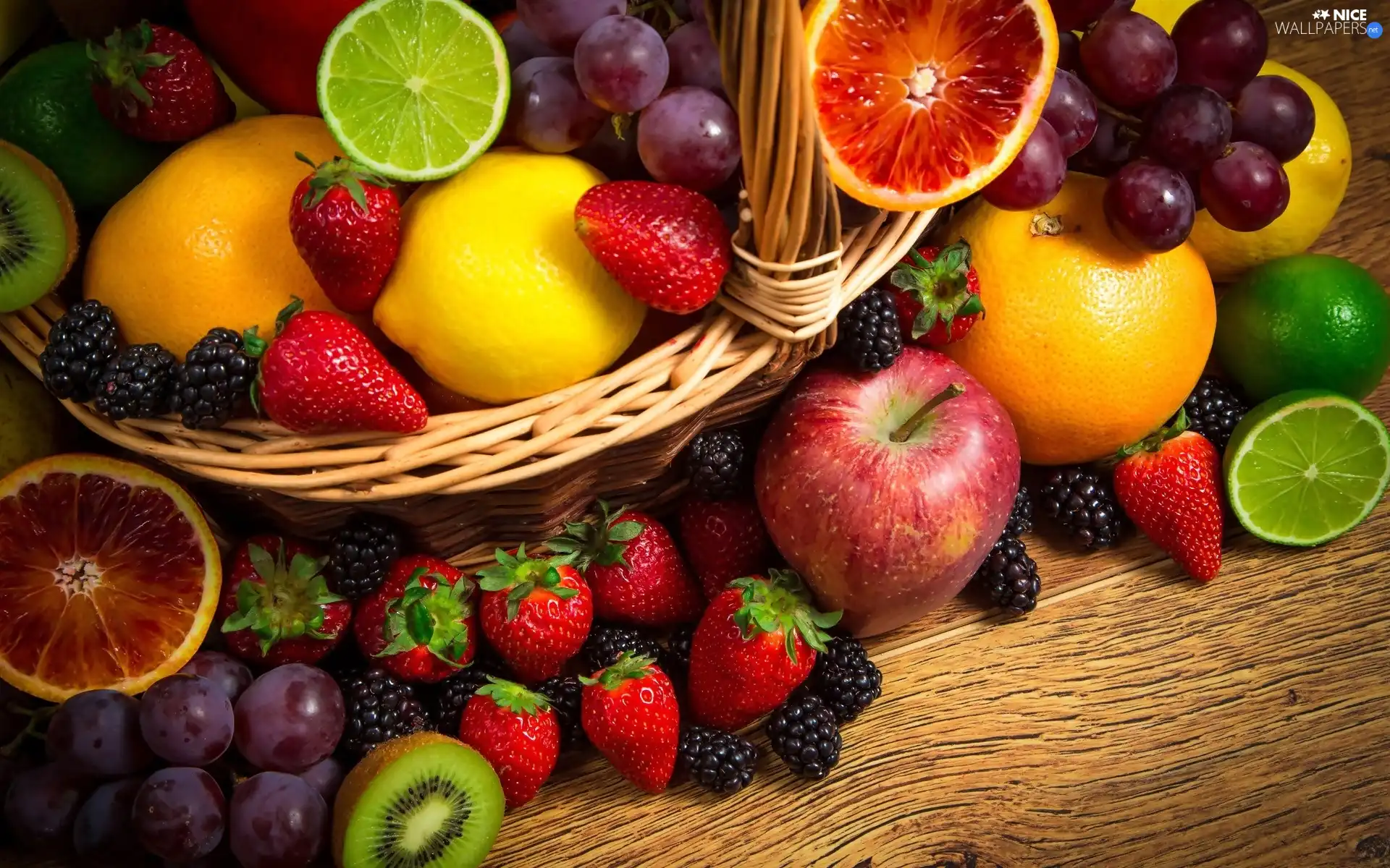 strawberries, blackberries, kiwi, Grapes, Apple, Fruits, basket, lemons