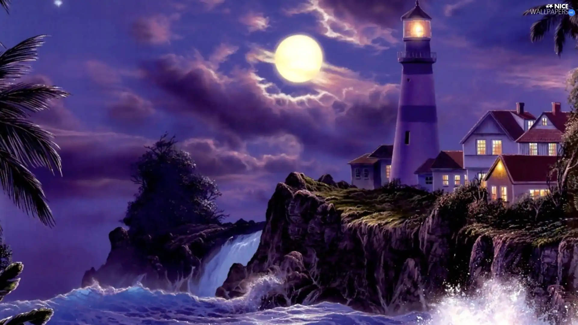 clouds, water, Lighthouse, moon