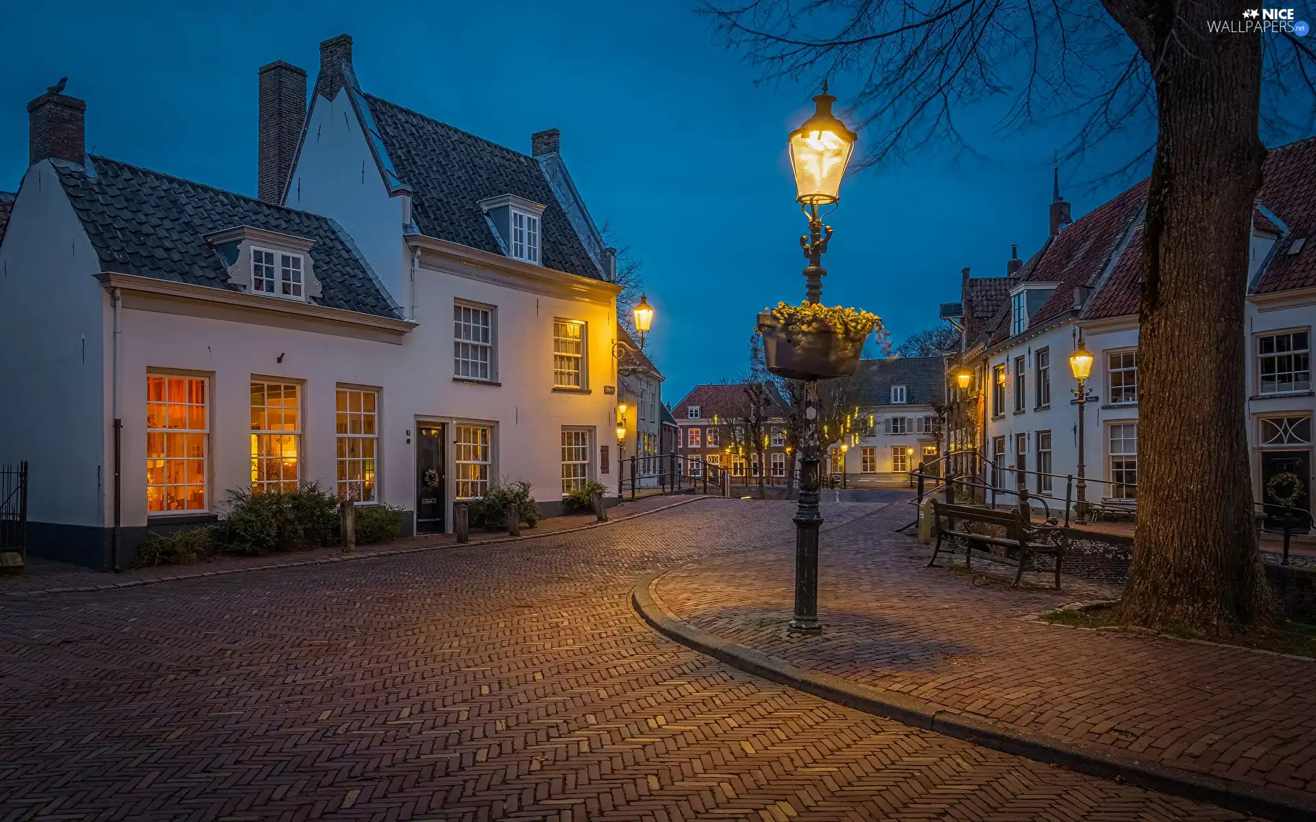 alley, Netherlands, Houses, lighting, lanterns, Amersfoort