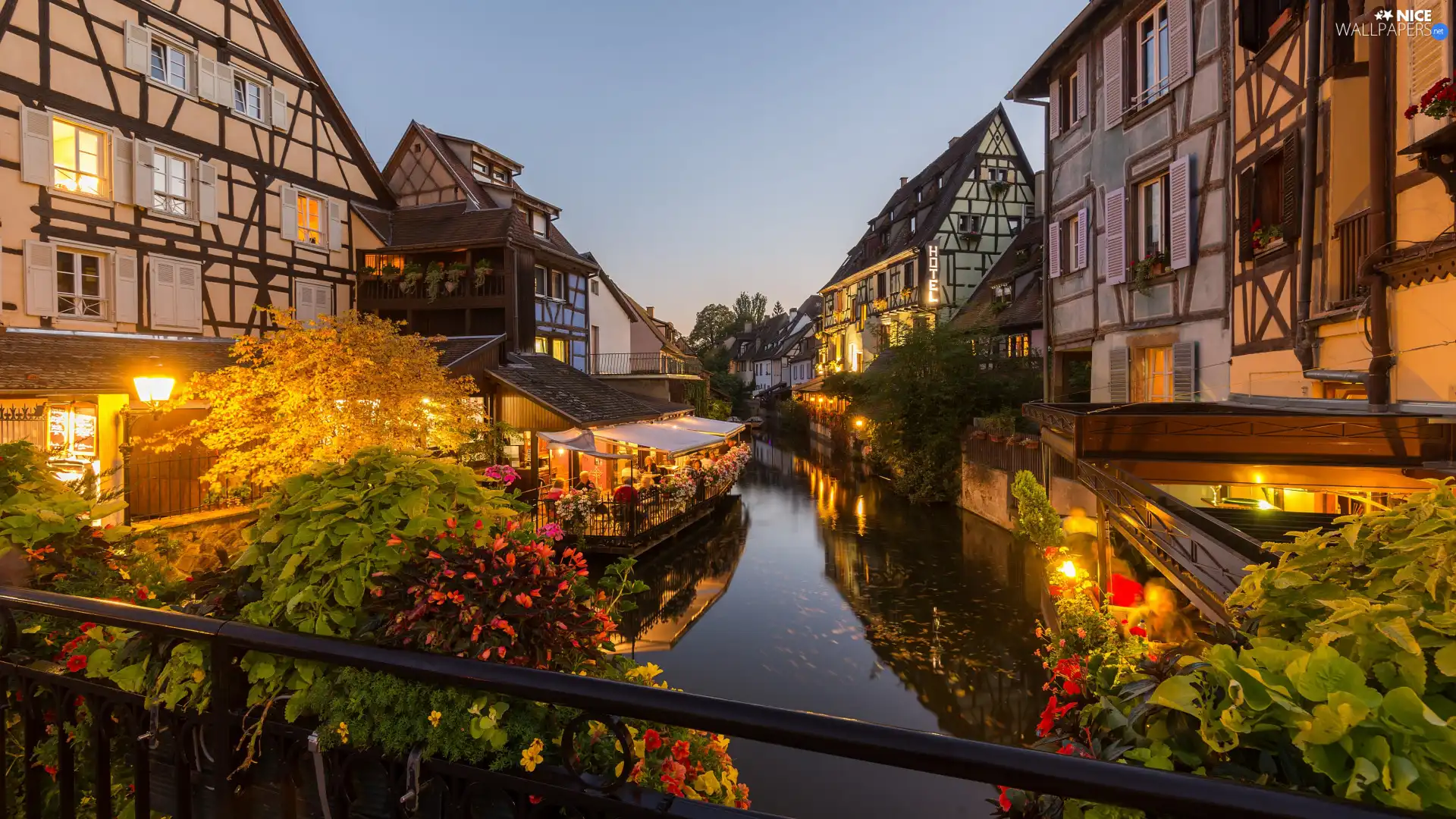 Restaurant, River, twilight, lighting, Little Venice, France, Alsace, Houses, canal, Colmar, Little Venice