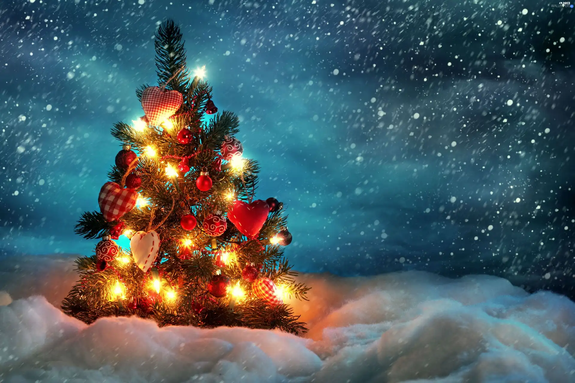 snow, christmas tree, Lights