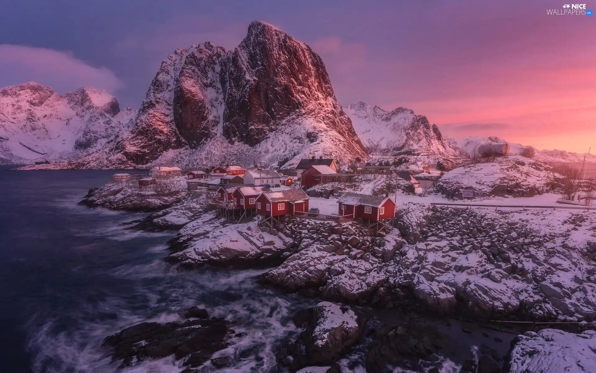 Lofoten, Reine Village, Great Sunsets, rocks, winter, Mountains, Norway, Houses