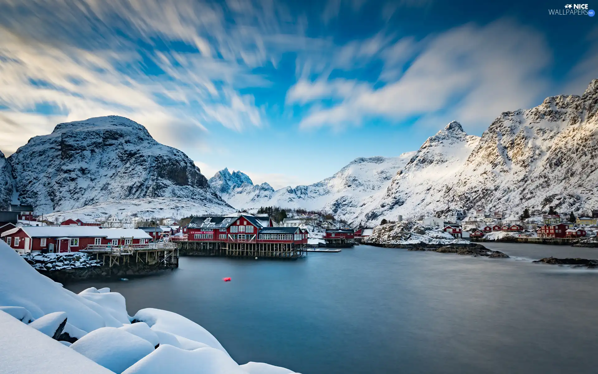 Houses, Mountains, winter, Lofoten, Norway, clouds, snow