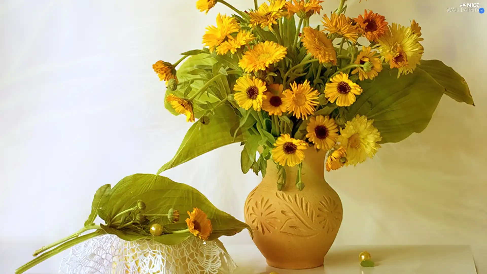 earthen, Yellow, Marigolds, Vase
