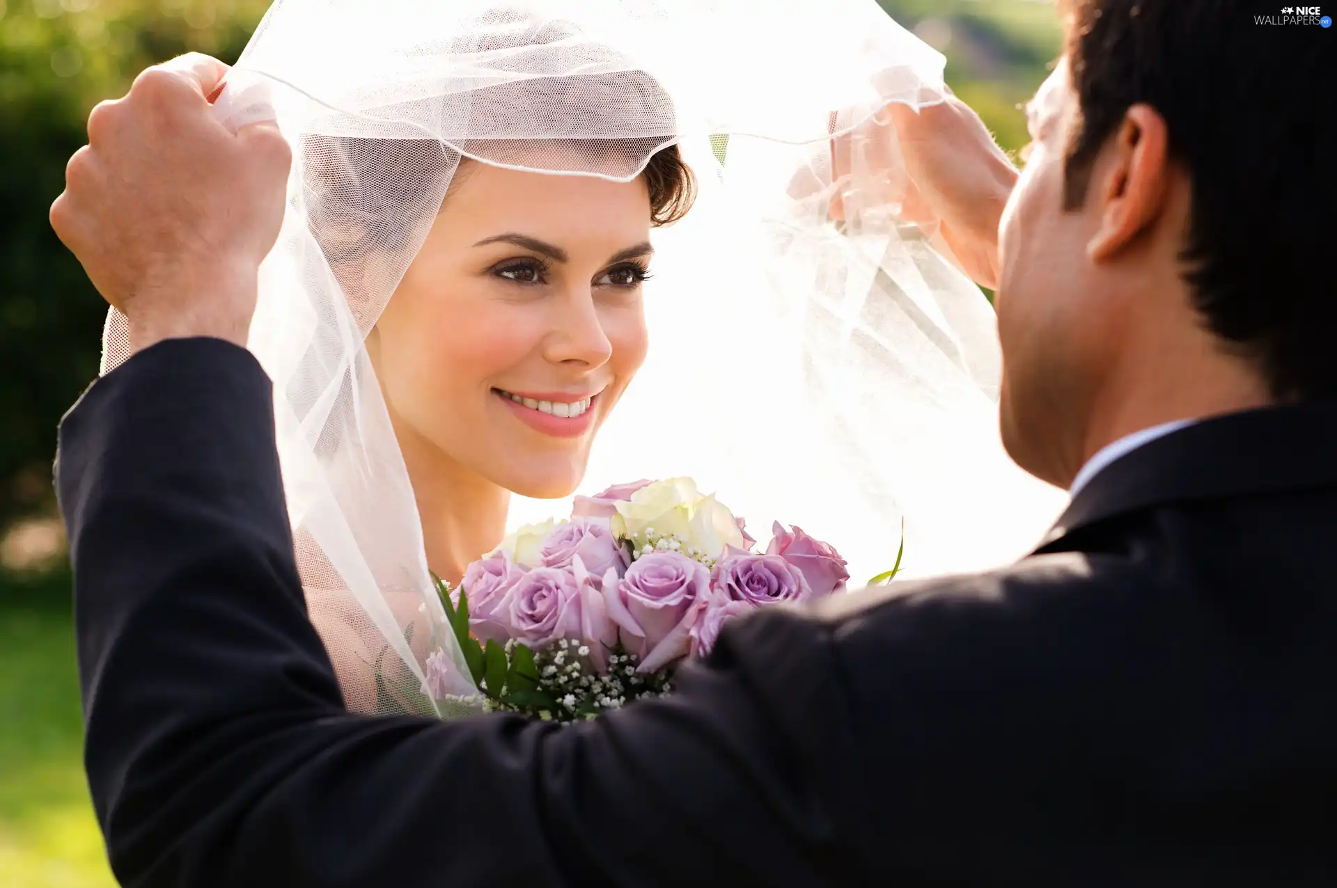 veiling, bouquet, veil, marriage, young lady