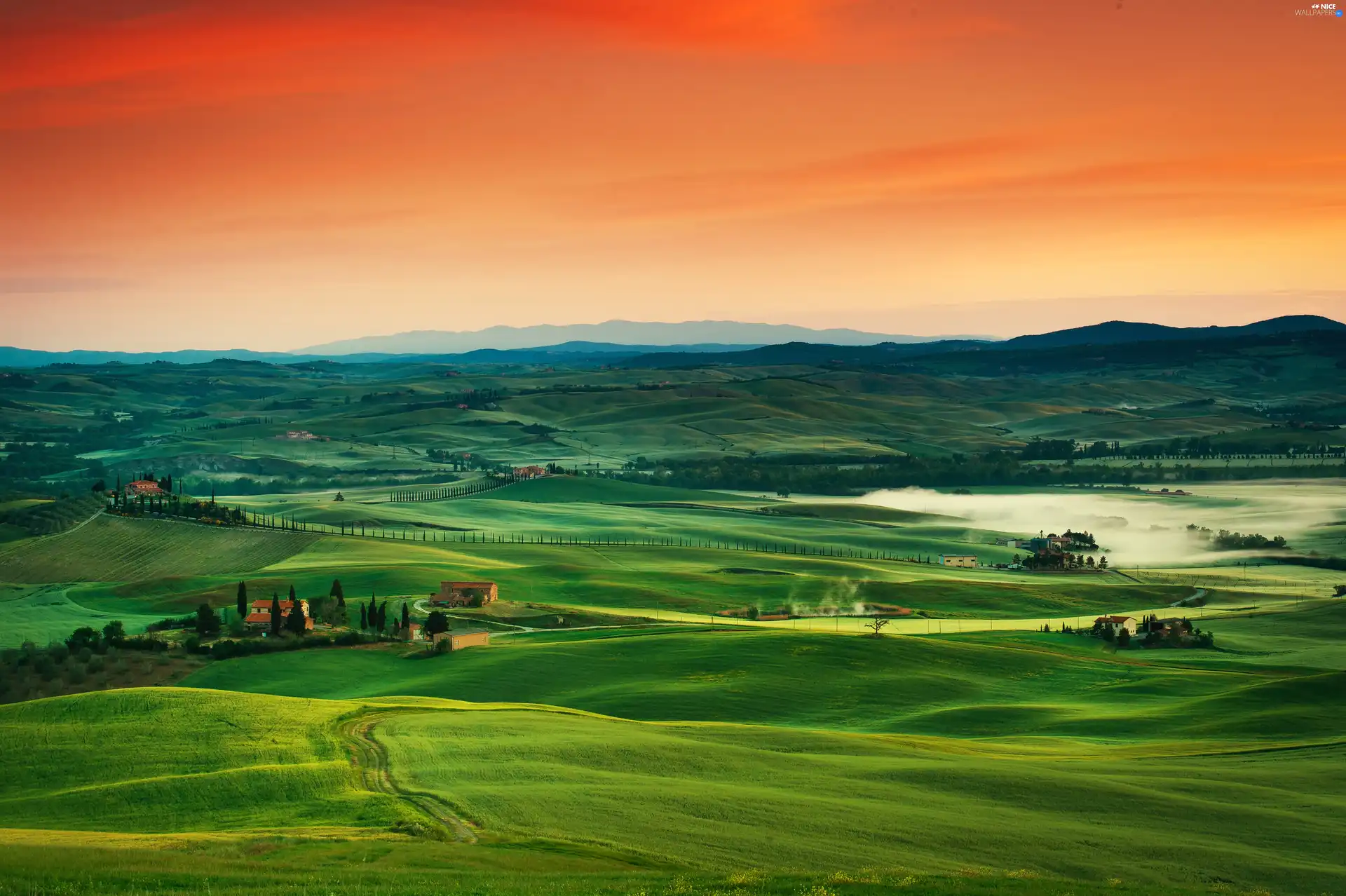 field, Farms, medows, Mountains, Tuscany, Italy, sun, panorama, west