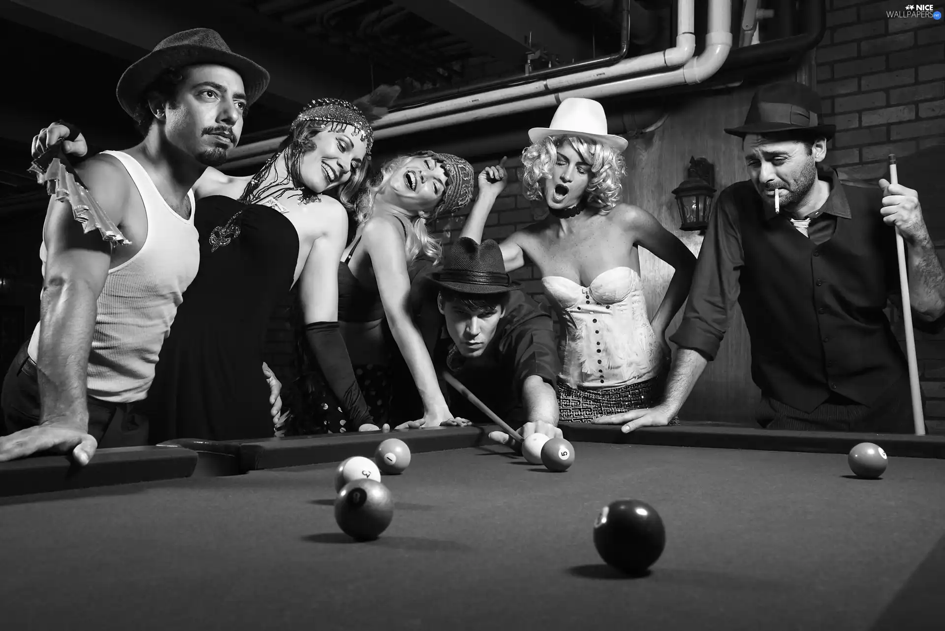 Retro, Black and white, Womens, men, billiards