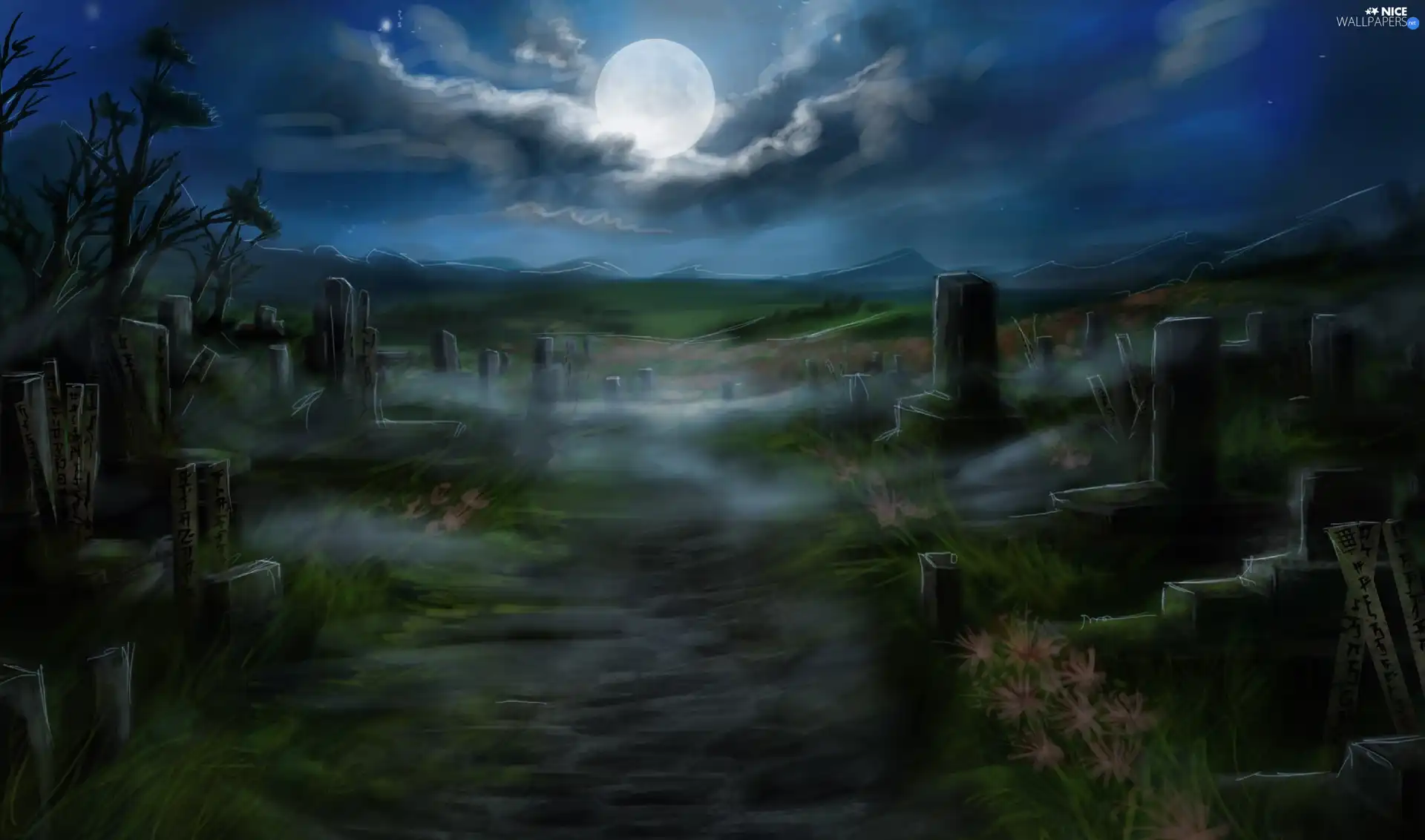 cemetery, Night, moon, graves