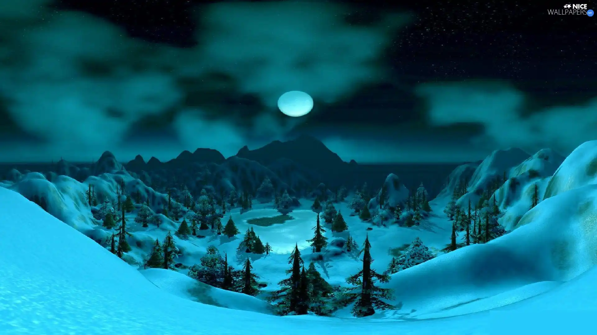 viewes, winter, moon, Night, Mountains, trees
