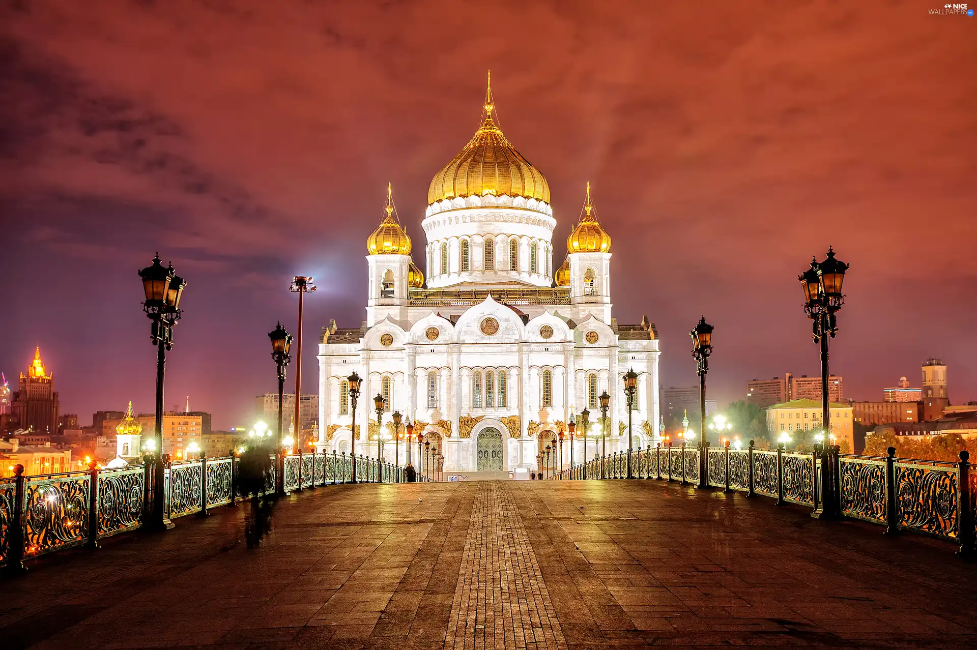 bridge, lanterns, Moscow, Cathedral of Christ the Savior, Russia