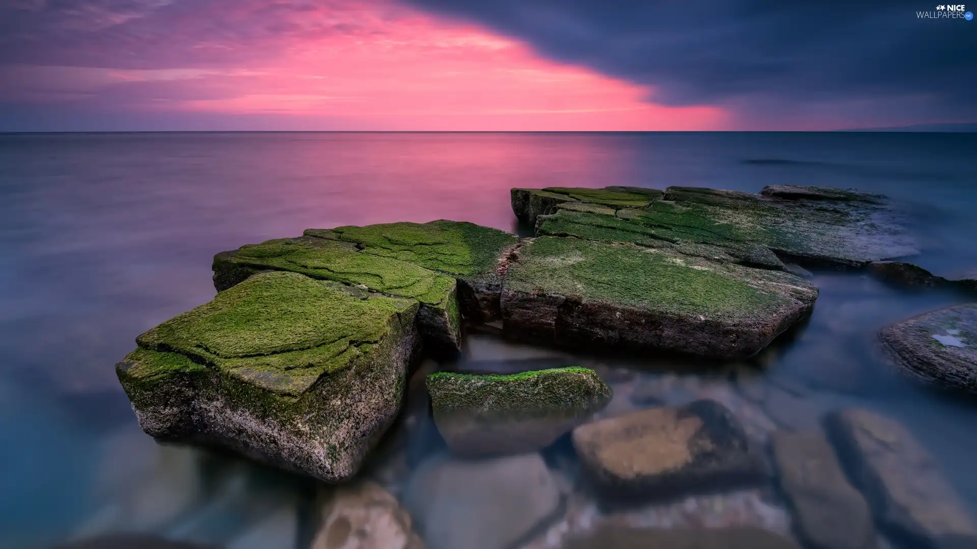 rocks, Great Sunsets, mossy, Stones, sea