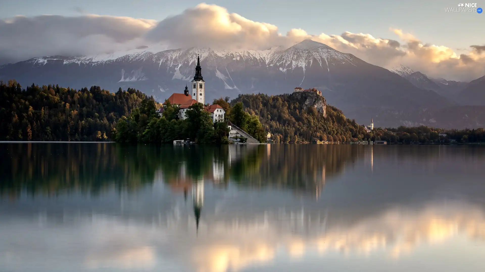 Mountains, Church, reflection, Island, clouds, Lake Bled, Slovenia, Bled Island