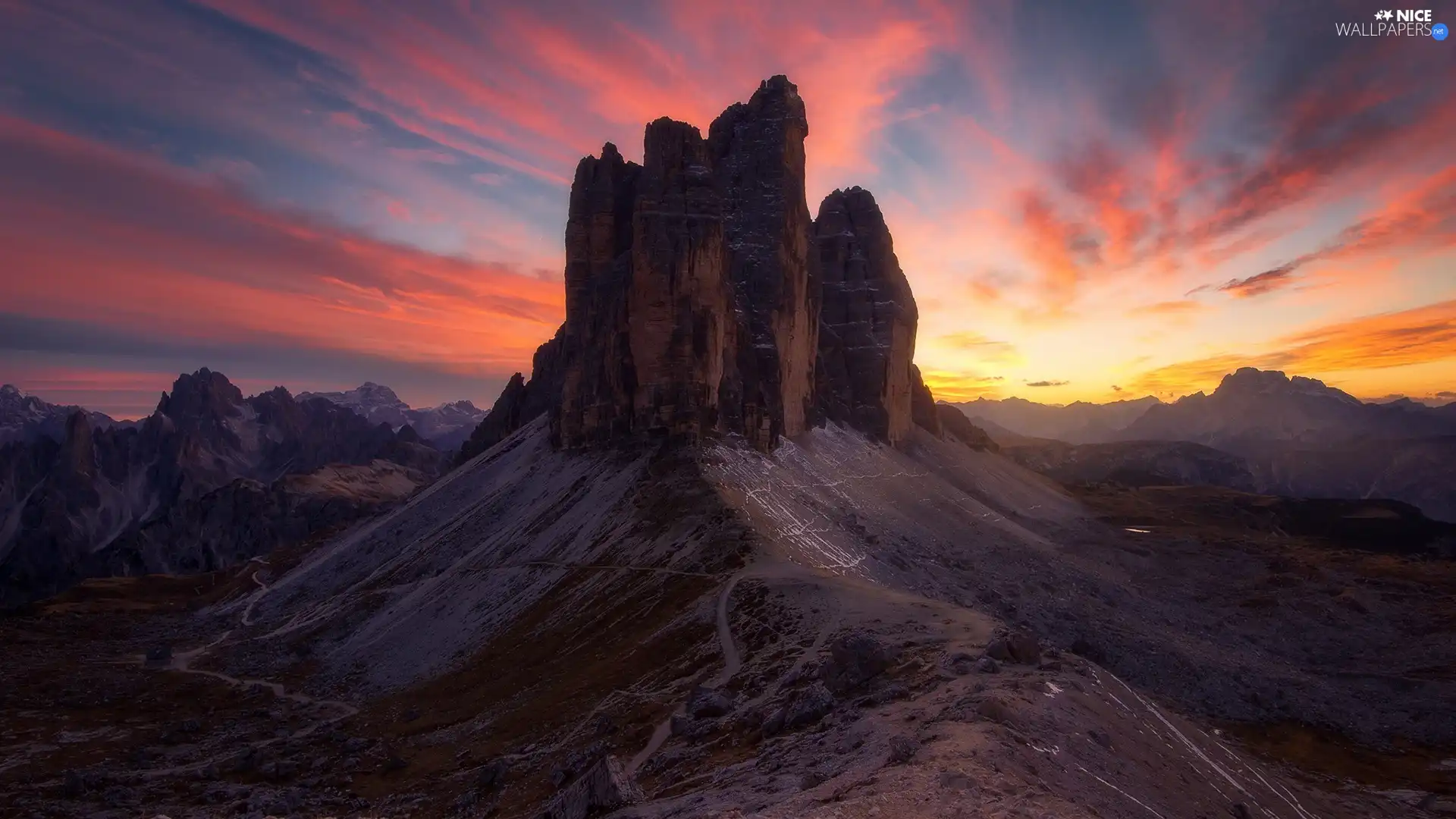 Mountains, Italy, Tre Cime di Lavaredo, Great Sunsets, edifice, Dolomites