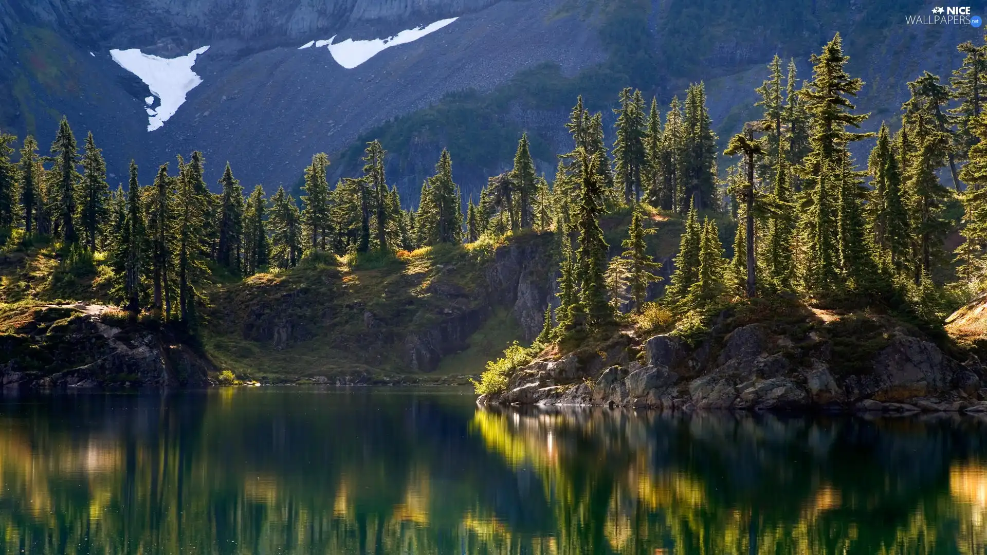 Mountains, lake, forest