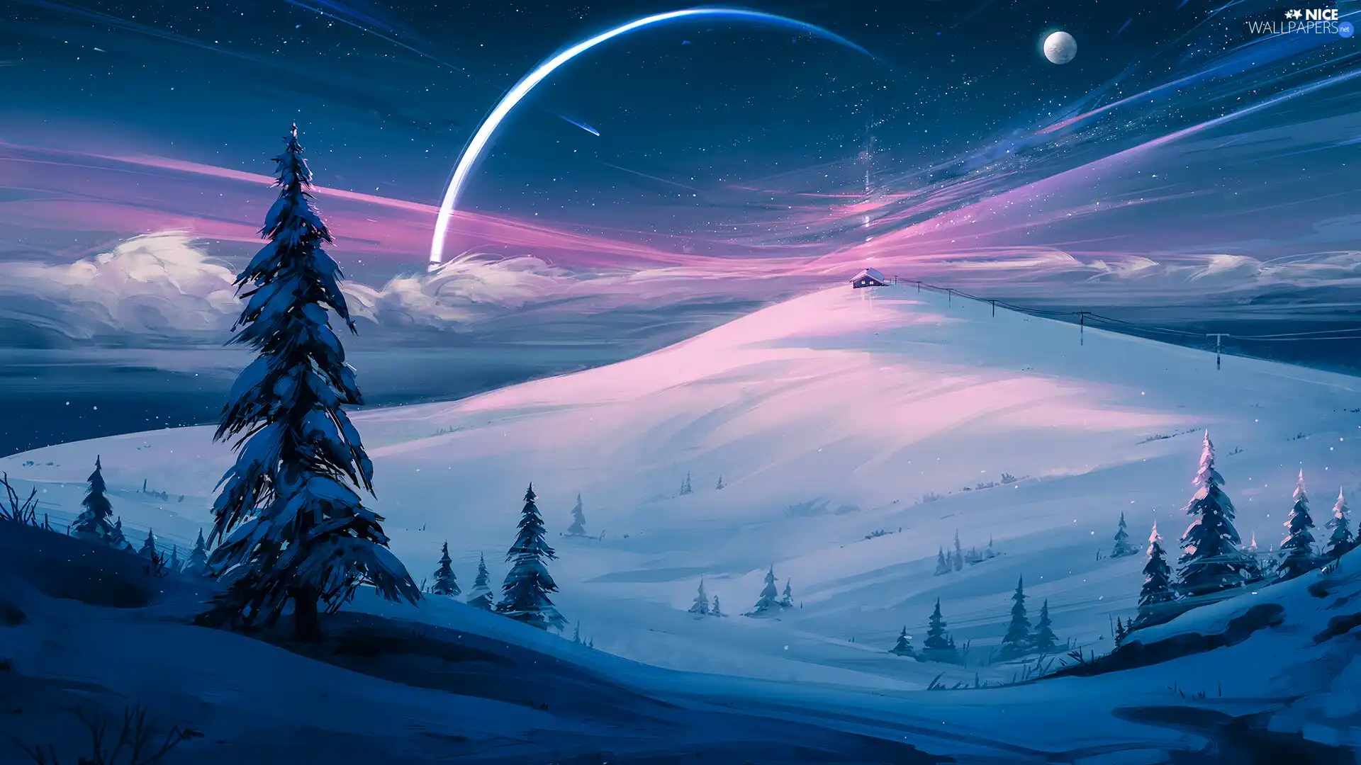 moon, winter, house, Mountains, graphics, Spruces, Sky