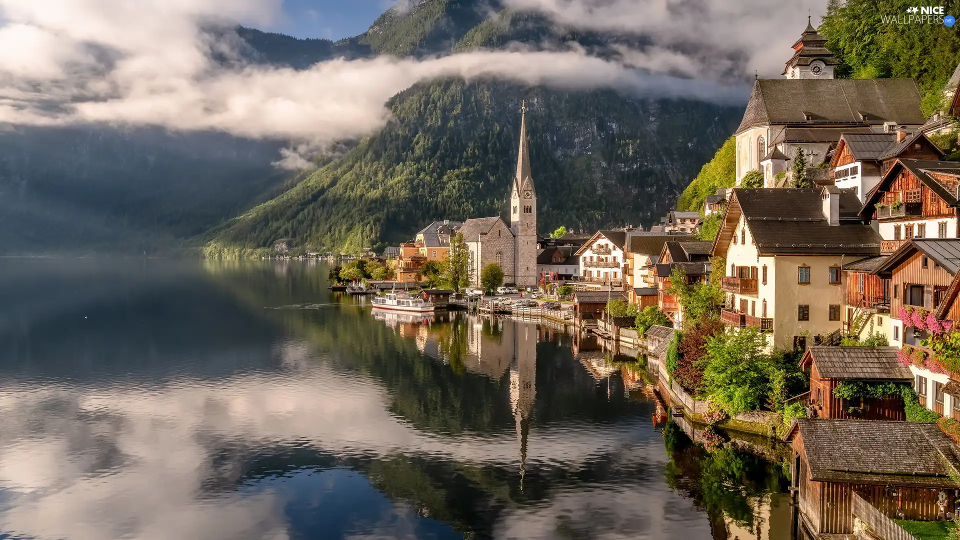 Mountains, Austria, Hallstattersee Lake, Houses, Salzburg Slate Alps, Hallstatt
