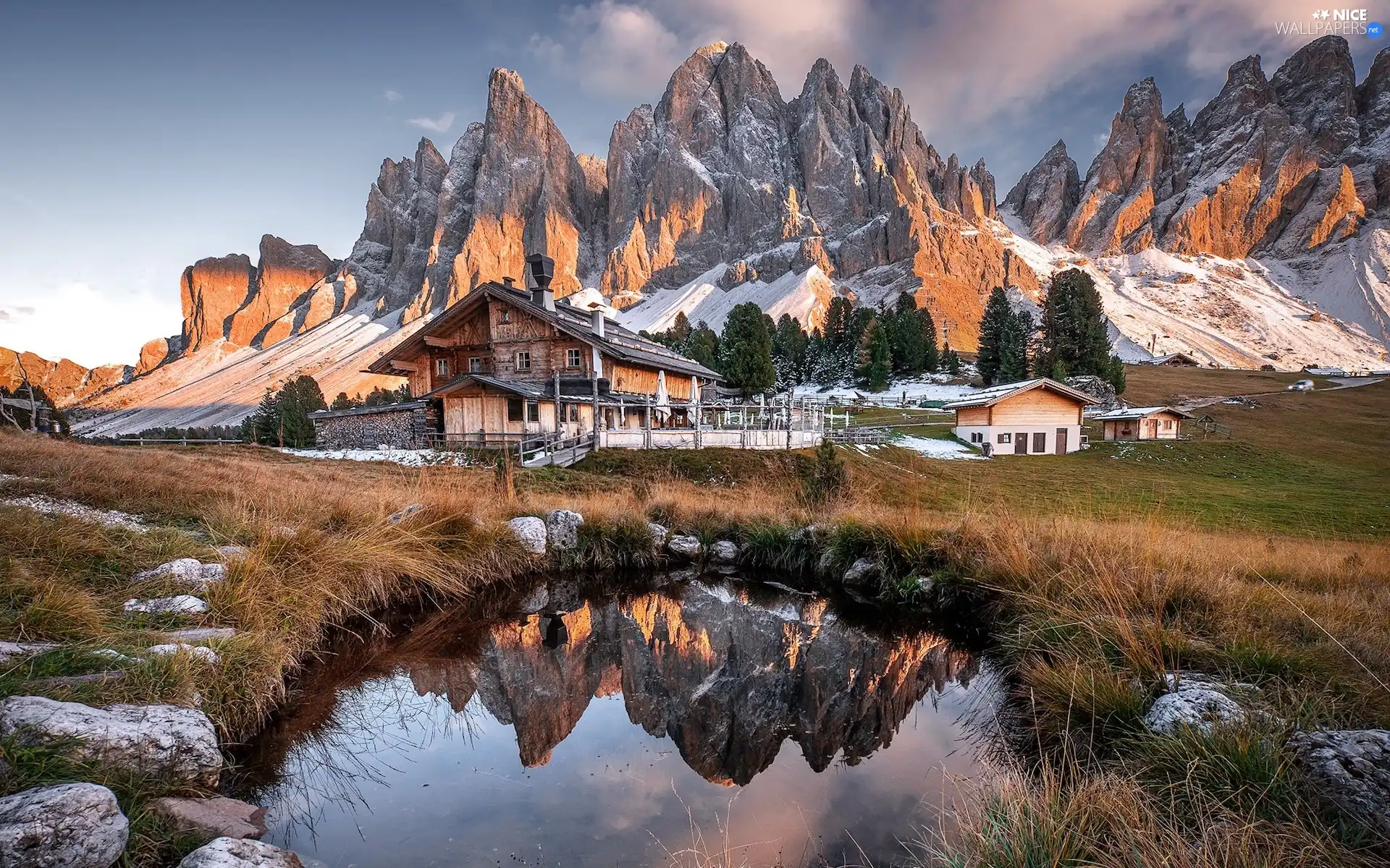 Puez-Odle nature park, house, viewes, Mountains, trees, Dolomites, Italy, clouds