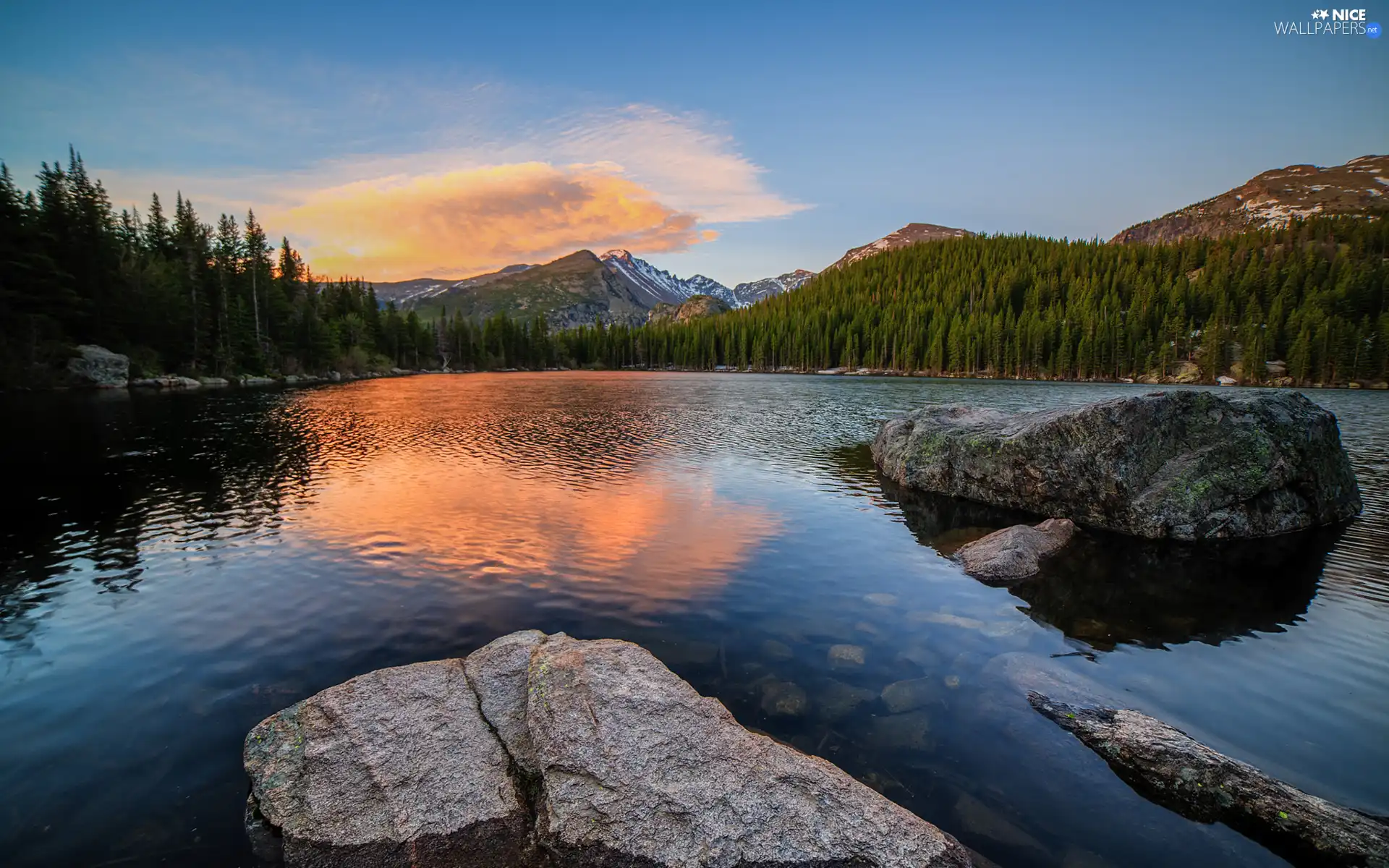 Bear Lake, rocky mountains, Rocky Mountain National Park, Stones, Colorado, The United States, viewes, clouds, trees