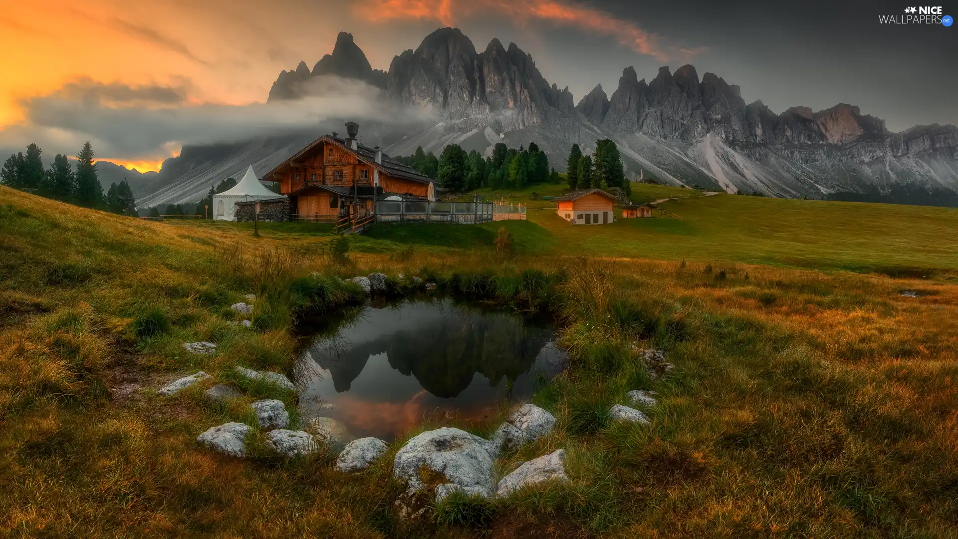 clouds, Dolomites, Mountains, viewes, Houses, Mountains, Puez-Odle nature park, Italy, trees, Pond Water