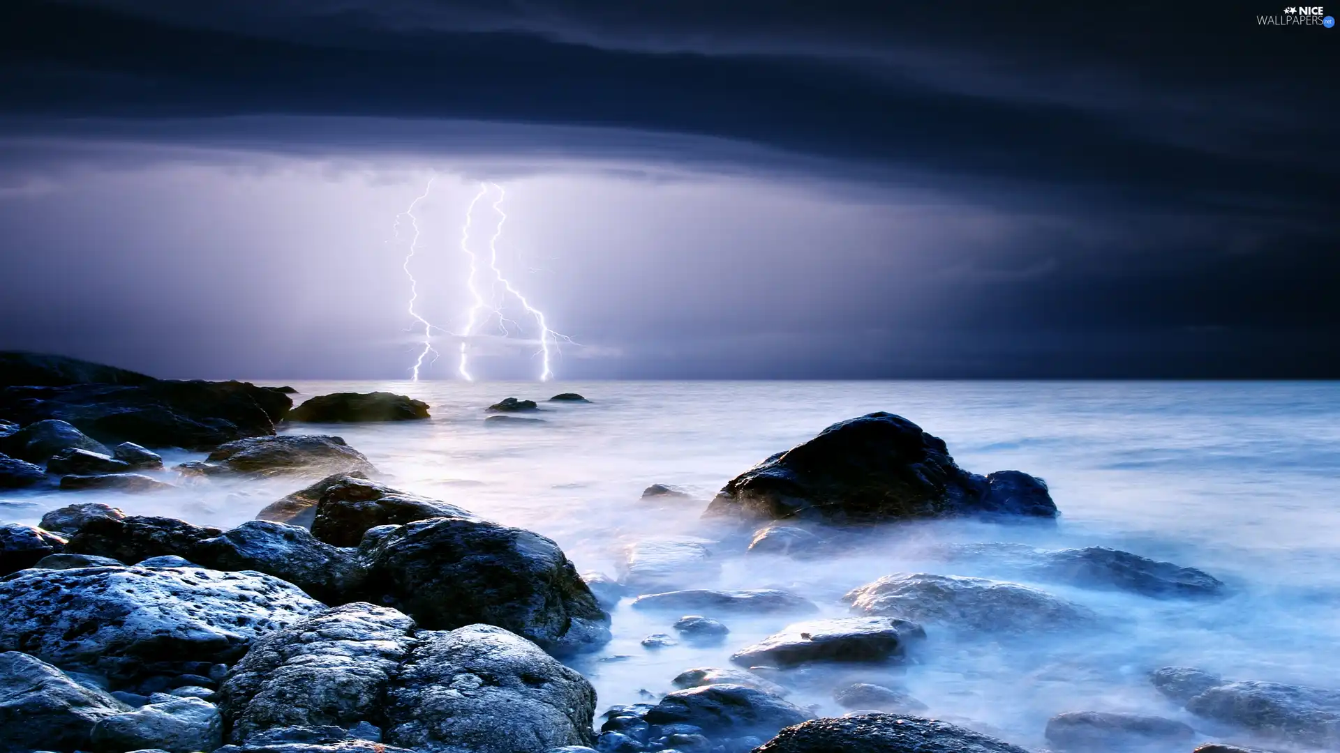 Night, lightning, Stones, sea, Storm