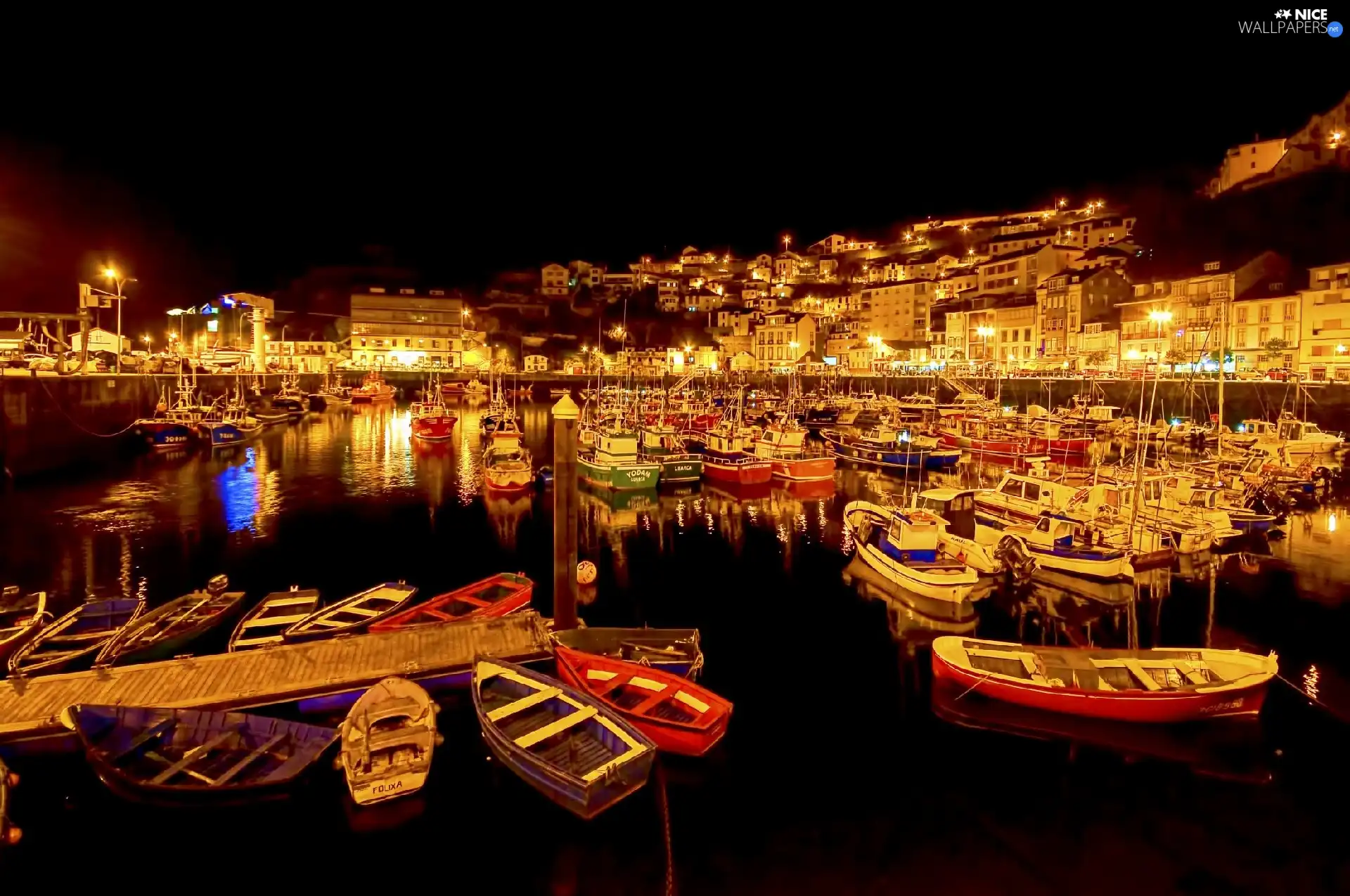 port, Town, night, Yachts