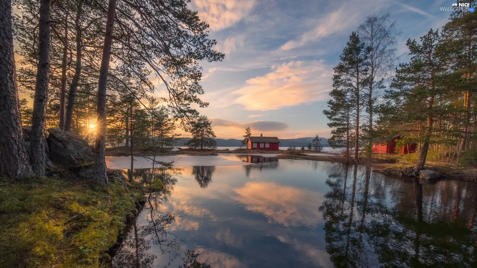 Vaeleren Lake, rays of the Sun, house, trees, Ringerike, Norway, clouds, reflection, viewes