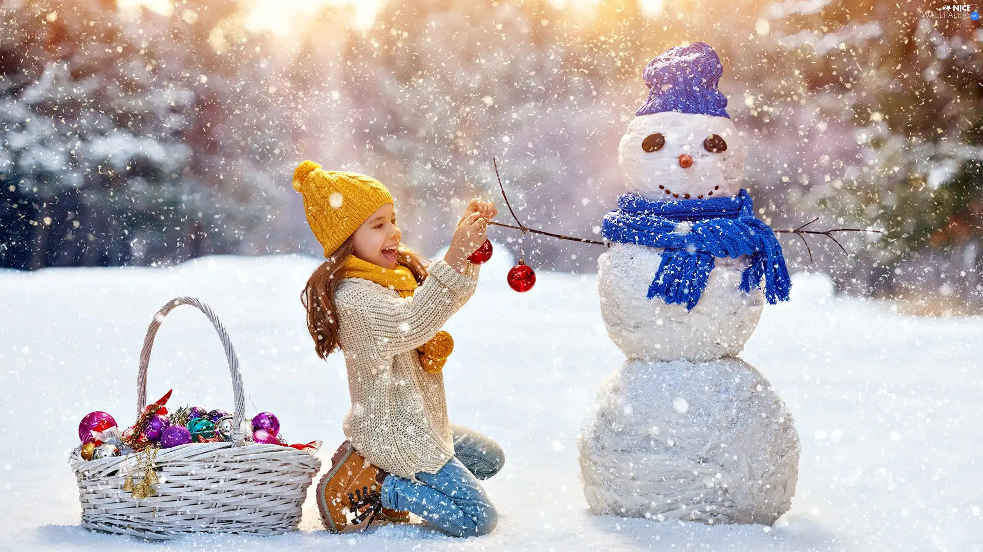 basket, ornamentation, winter, Snowman, girl