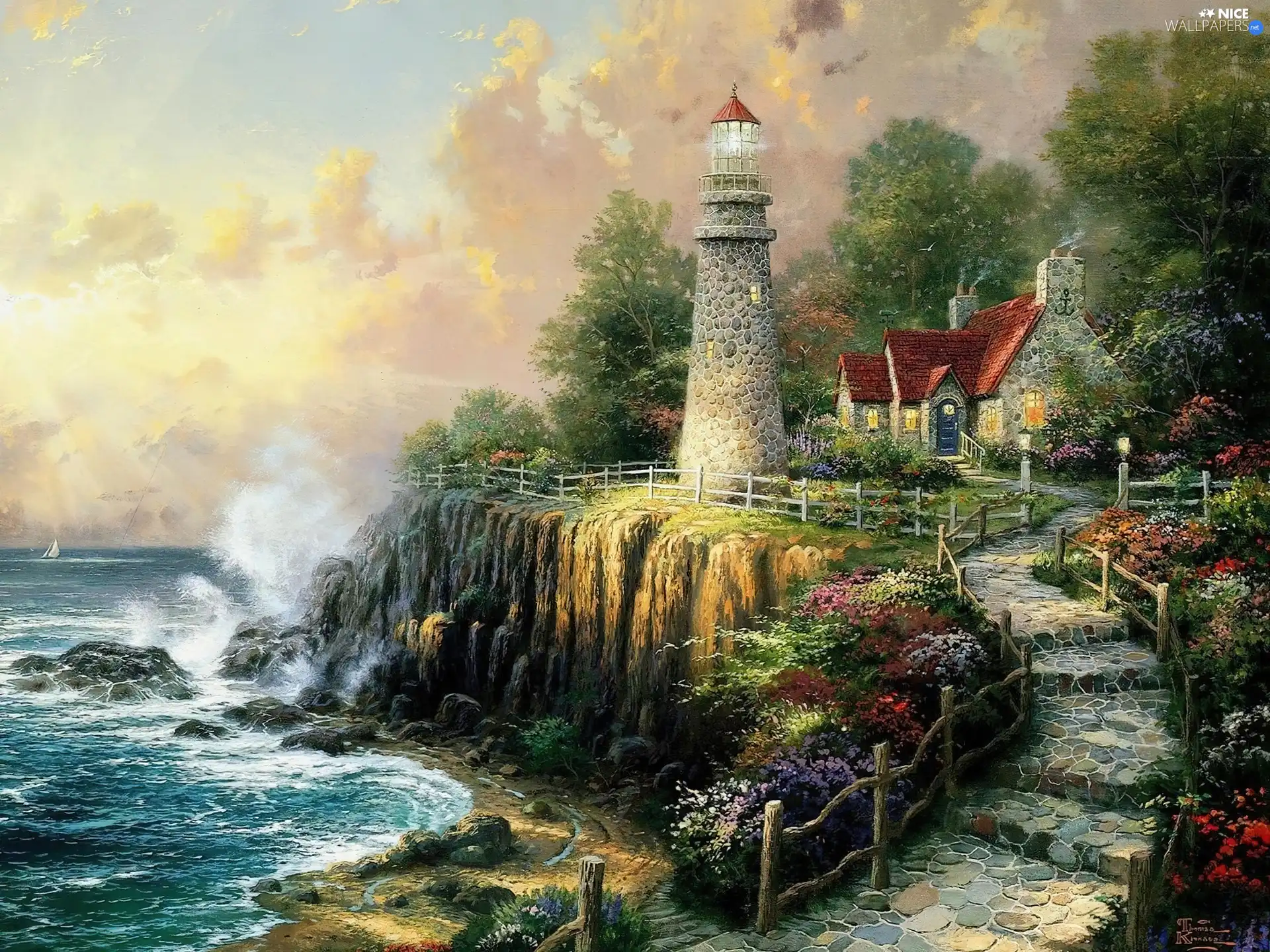 Path, Thomas Kinkade, sea, Lighthouses, Coast