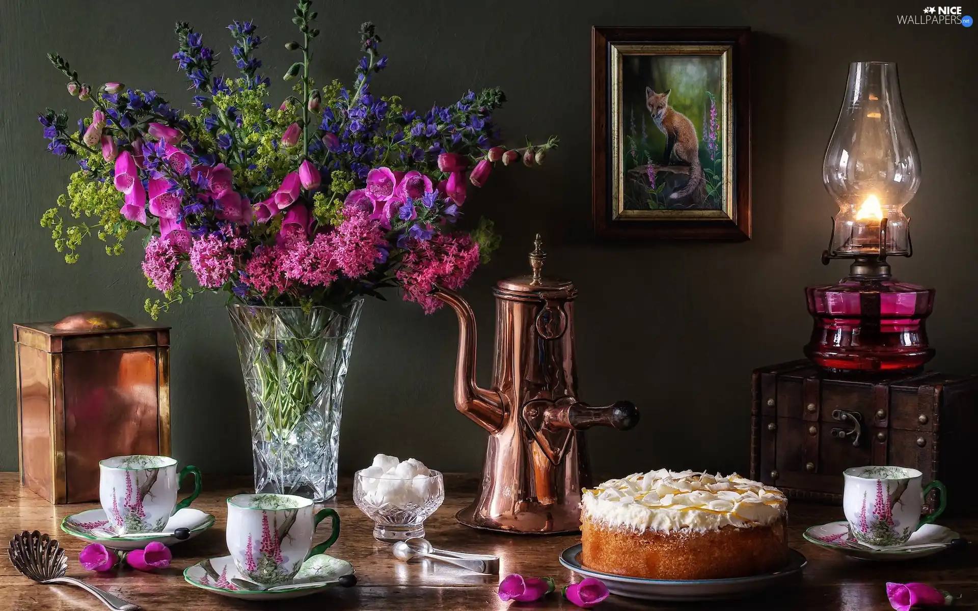 picture, Bouquet of Flowers, jug, Lamp, composition, cups, cake