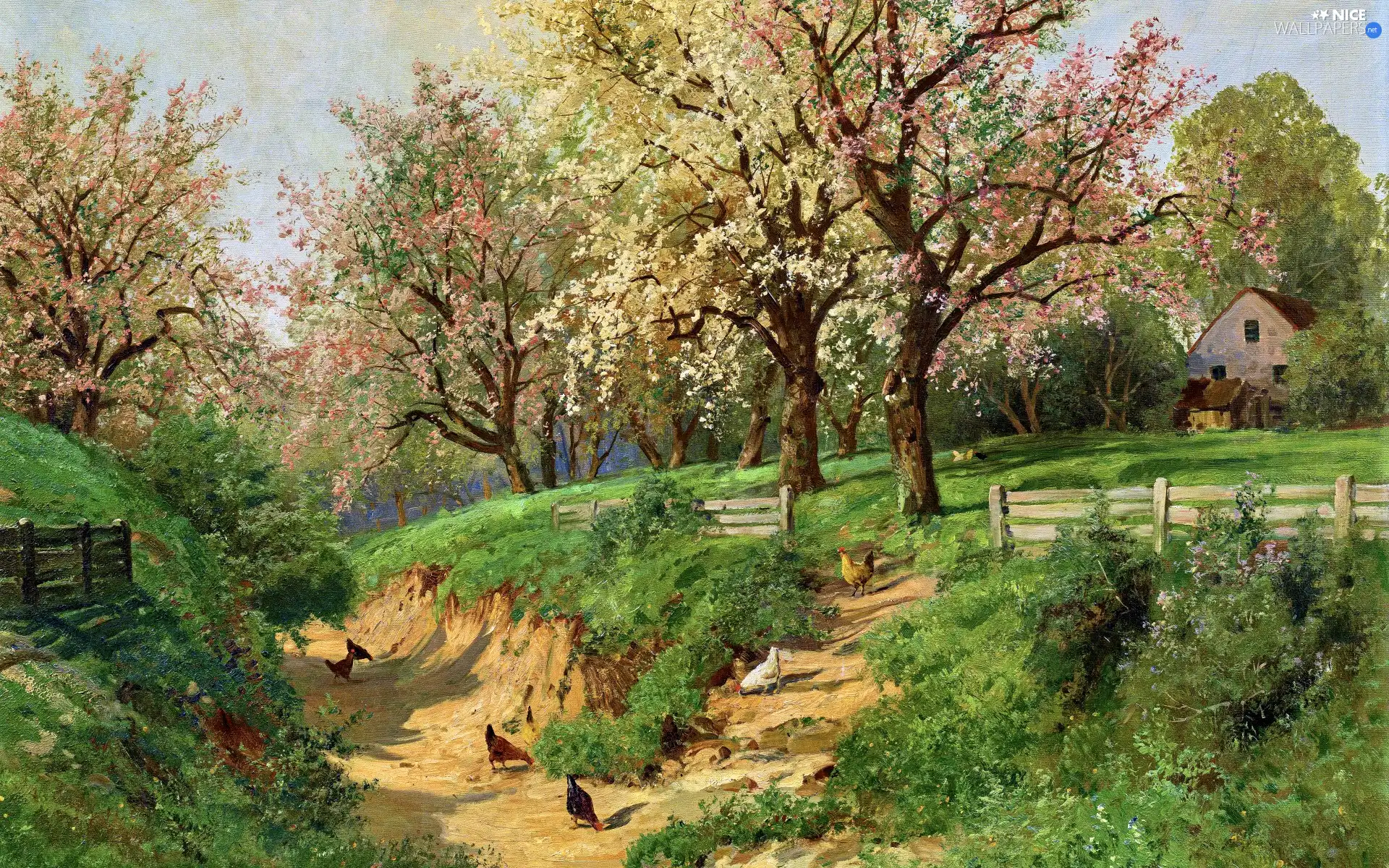 Spring, painting, Meadow, country, trees, hens, Fance, Alois Arnegger, picture, viewes, house