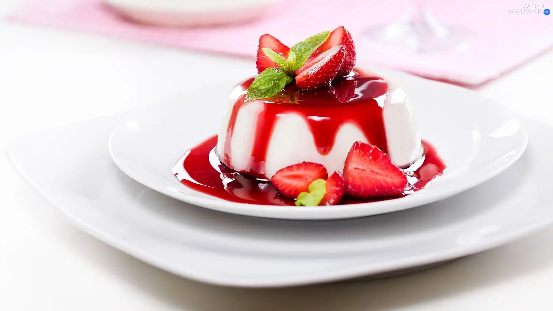 strawberries, dessert, syrup, plate, mint, Panna cotta