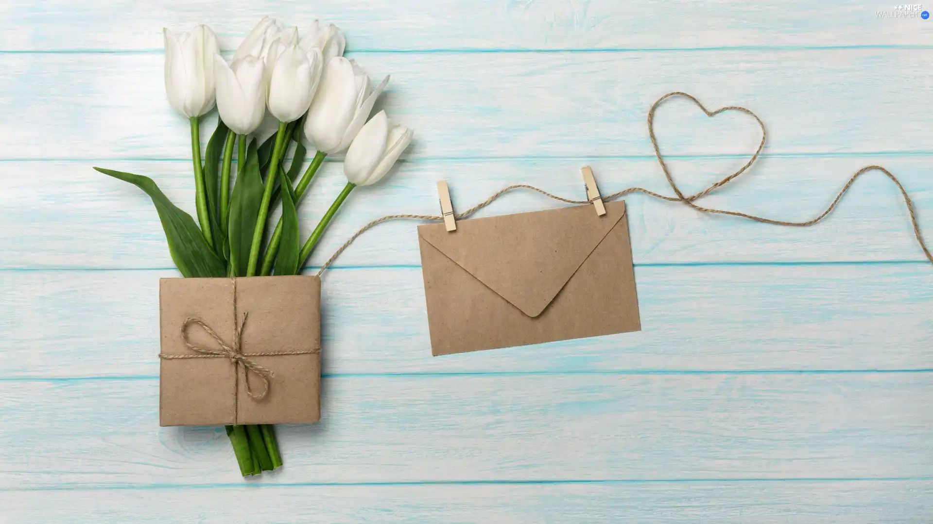 envelope, Tulips, Heart, Present, White, twine, Buckles