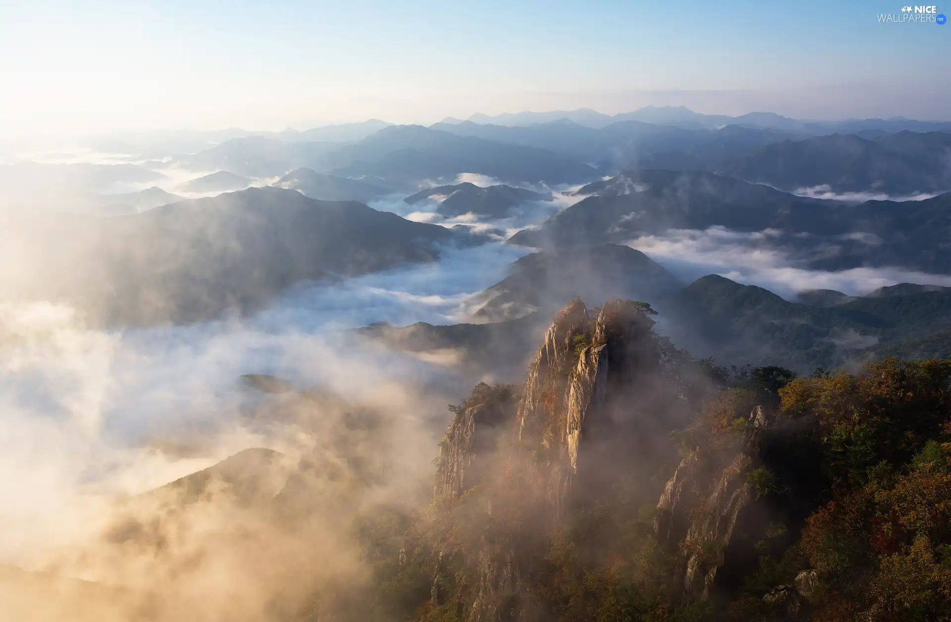 Mountains, vertices, Fog, Daedunsan Provincial Park, North Jeolla Province, South Korea, viewes, rocks, trees