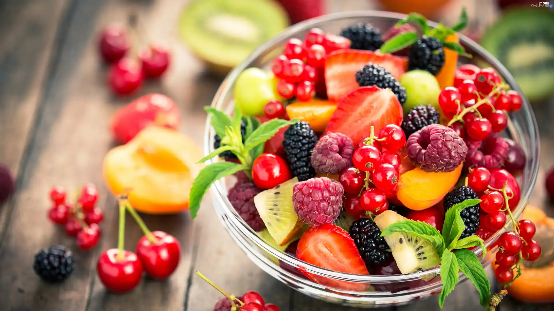 raspberries, strawberries, bowl, blackberries, currant, Fruits, Fruit Salad, kiwi