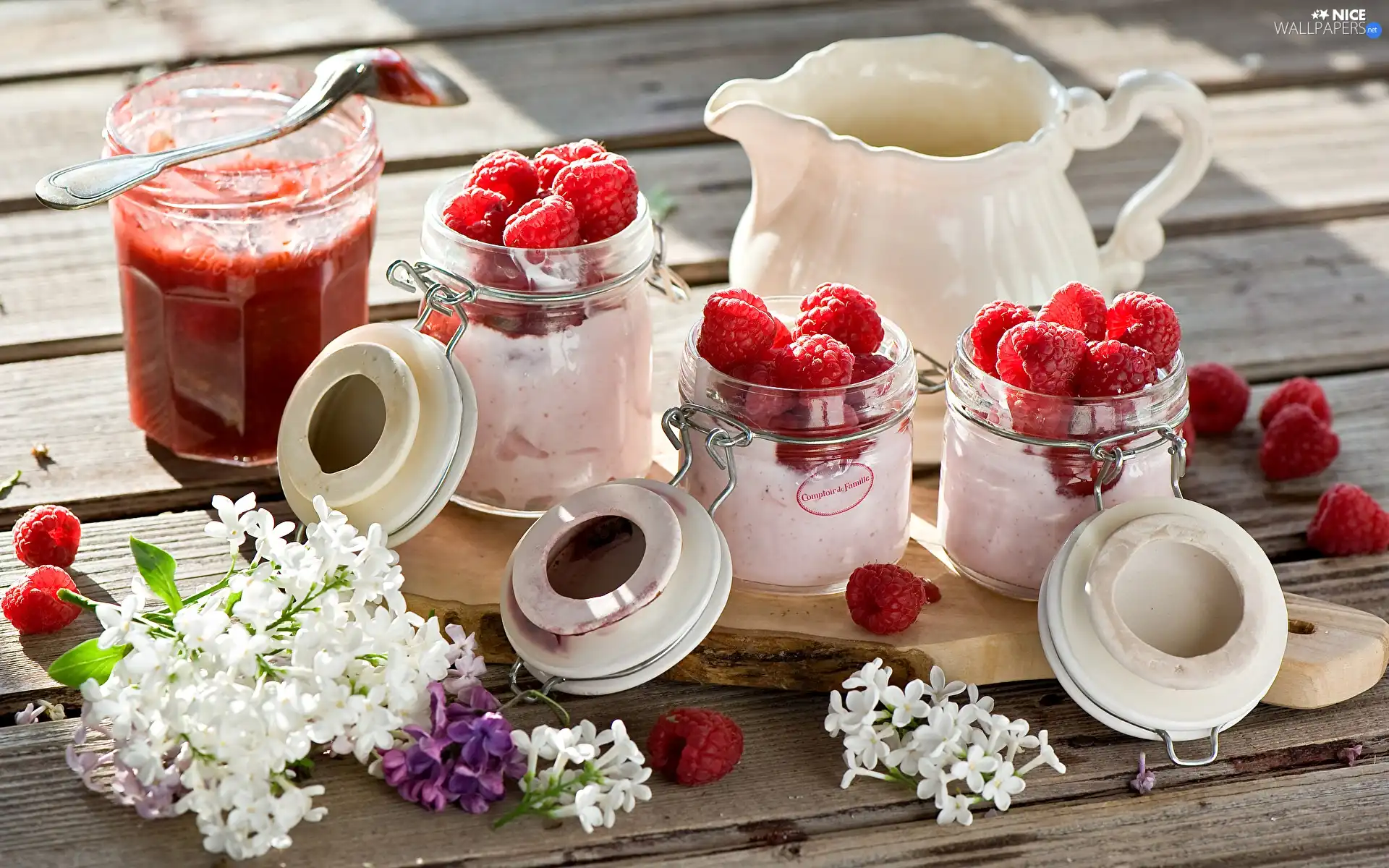 Flowers, Jam, Jars, raspberries, dessert, without, jug